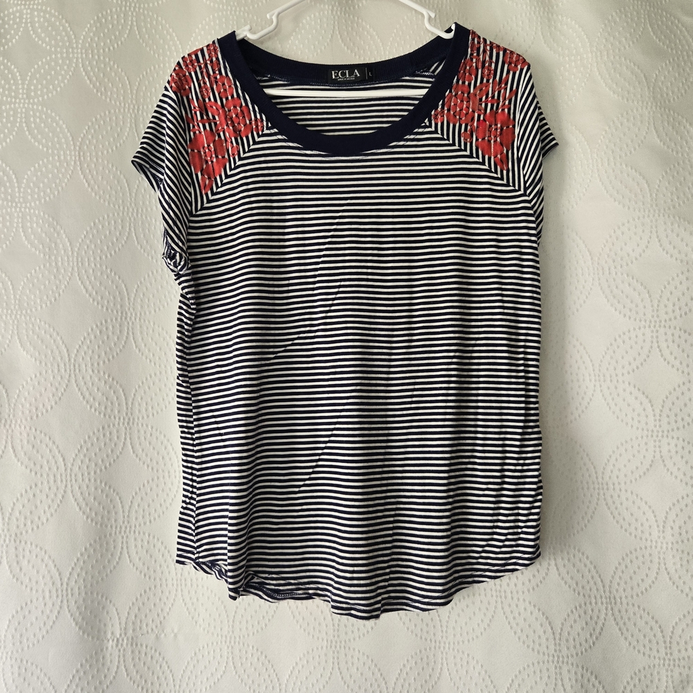 Navy & White Striped Tee with Red Floral Shoulder Accent